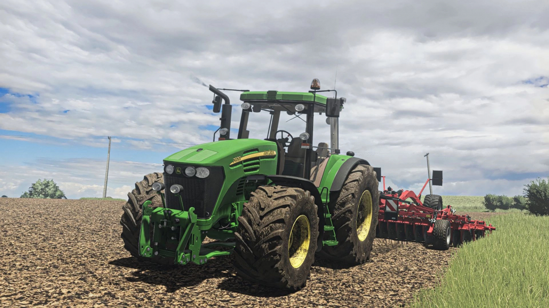 John Deere 7020 Series tractor in Farming Simulator 25 mod, driving through a field.