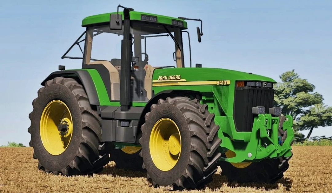 John Deere 8410 tractor mod in FS25, showcasing detailed machinery design.