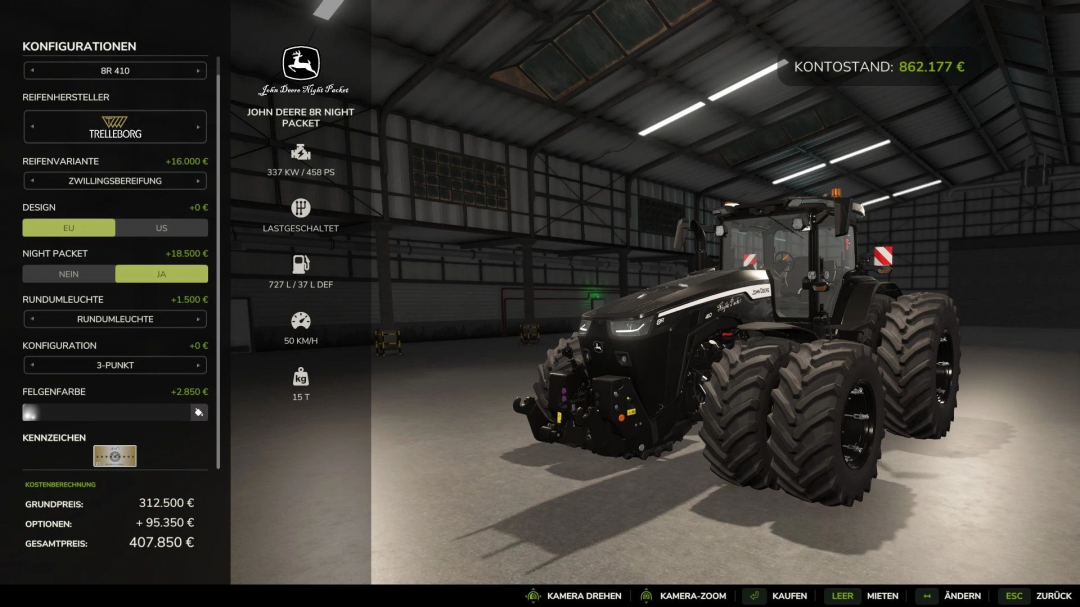 FS25 mod John Deere 8R Night Pack v1.0.0.0. Detailed tractor customization menu in Farming Simulator 25.