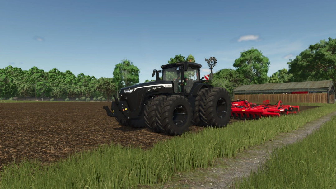 John Deere 8R Night Pack tractor on a field in FS25 mod.