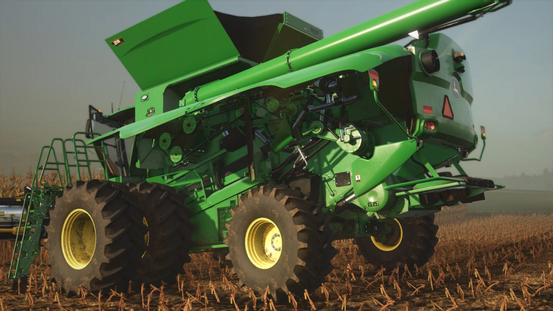 Side view of John Deere S700 Series harvester mod in FS25 on a cornfield for Farming Simulator 25.