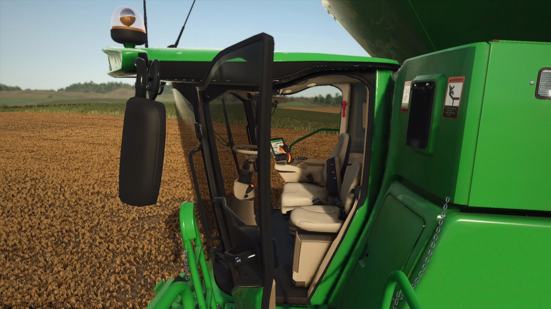 FS25 mod John Deere S700 Series interior view in field.