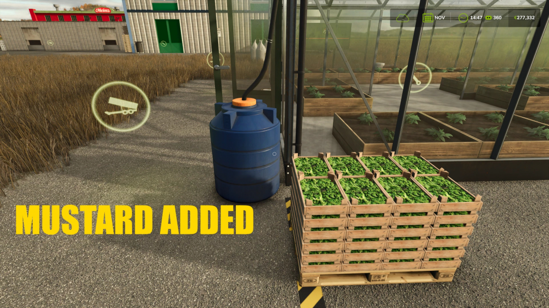 FS25 mod Ketchup Production with mustard added, featuring a greenhouse, crates of greens, and a blue container.