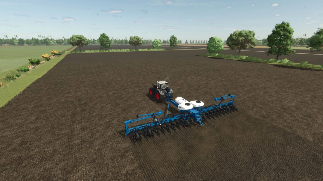 FS25 mod Kinze Blue Drive Multi v1.1.0.0 planting on a large field.