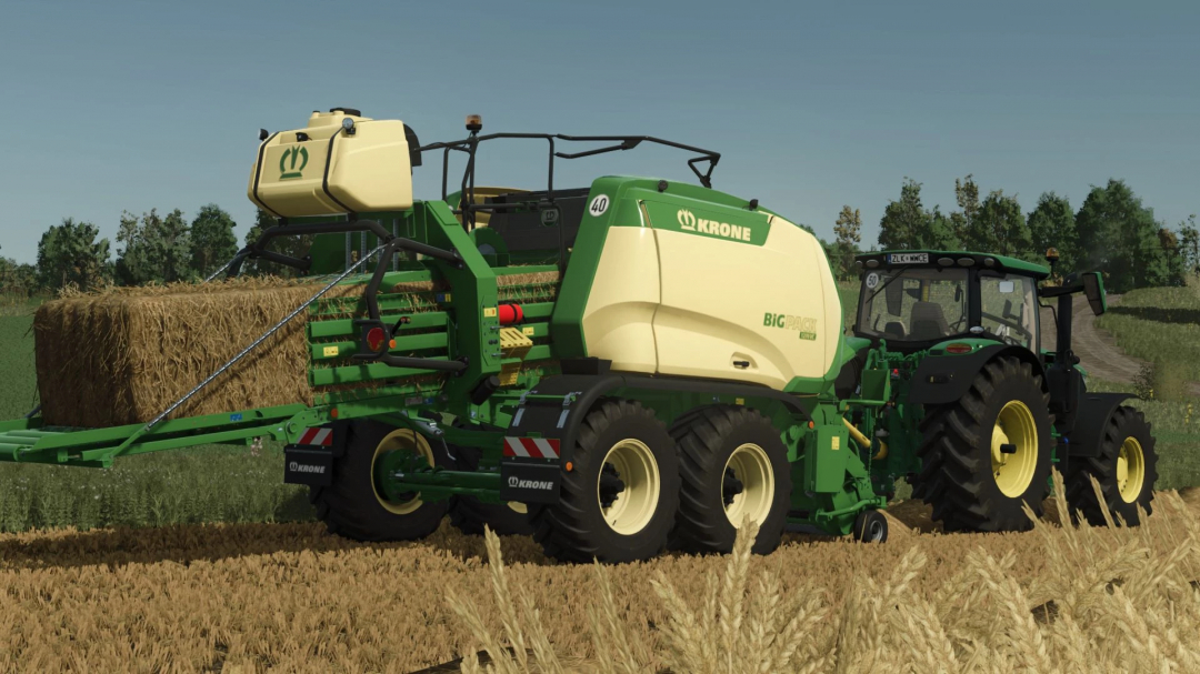 Krone BiG Pack 1270 v1.0.0.0 mod in FS25, shown attached to a tractor, baling hay in a field.