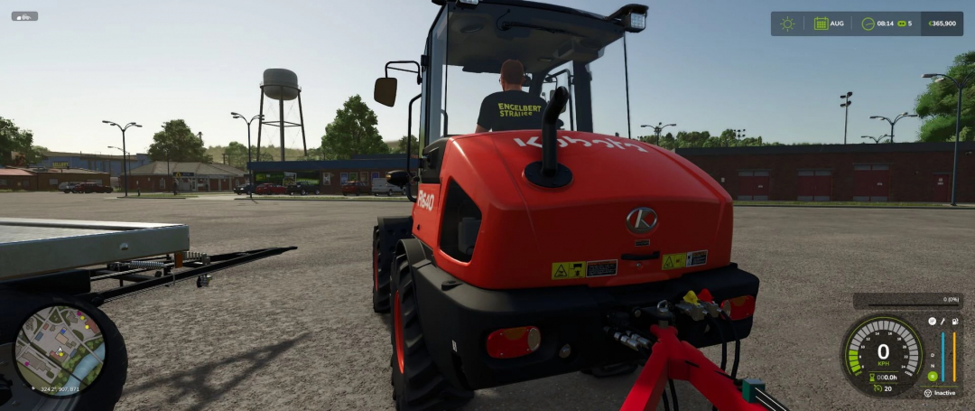 Kubota r640 loader in Farming Simulator 25 mod, version 1.0.1.0, shown from the rear in a parking area.