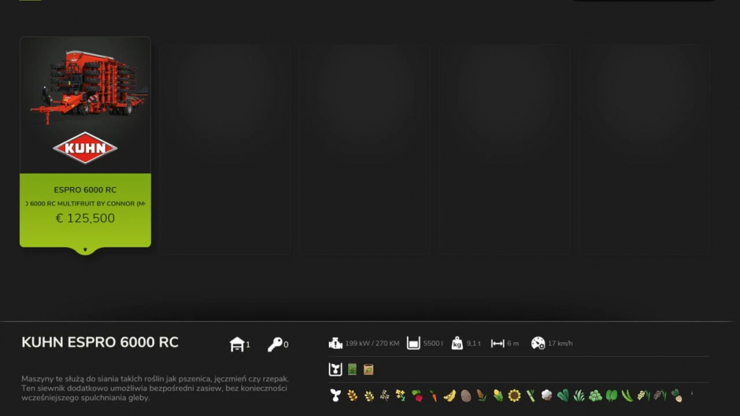 FS25 mod Kuhn Espro 6000 RC multifruit seeder displayed, priced at €125,500.