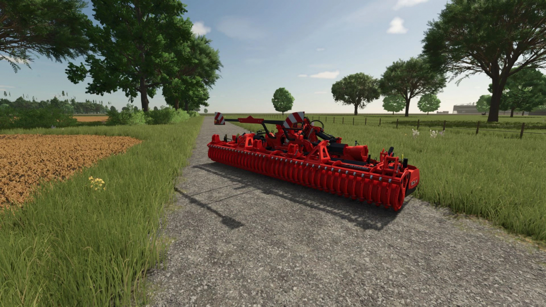 Kuhn HR 6040 Multi in Farming Simulator 25 mod on a farm road with fields and trees.