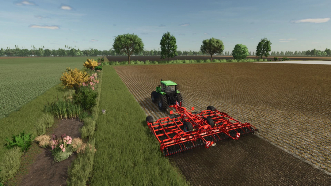 FS25 mod Kuhn Prolander MPC v1.0.0.0 cultivates field with red plow and green tractor.