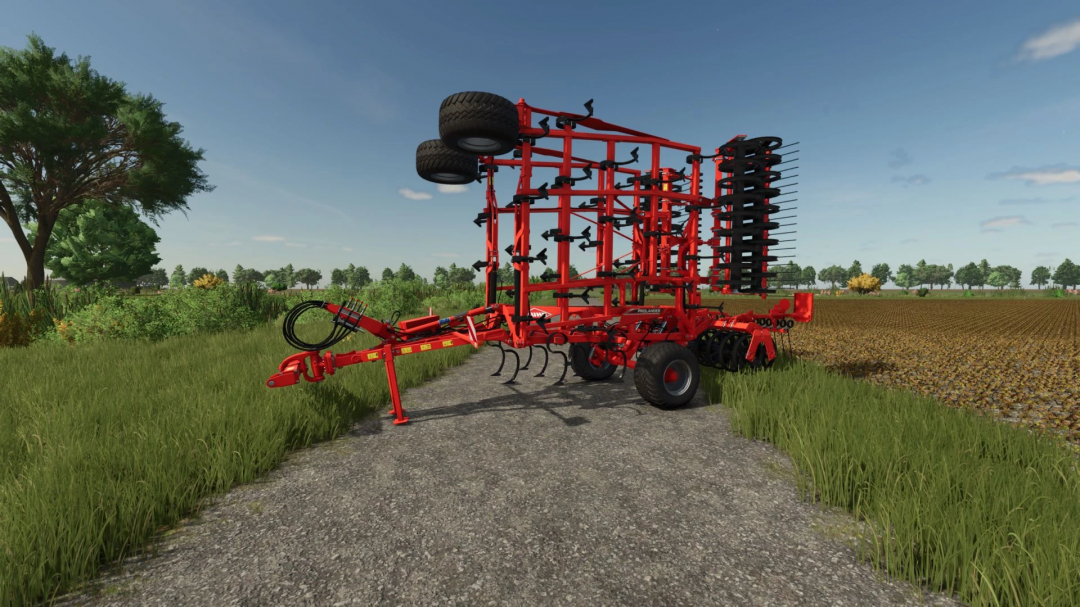 Kuhn Prolander MPC mod for Farming Simulator 25, showcasing a red agricultural implement on a rural path.