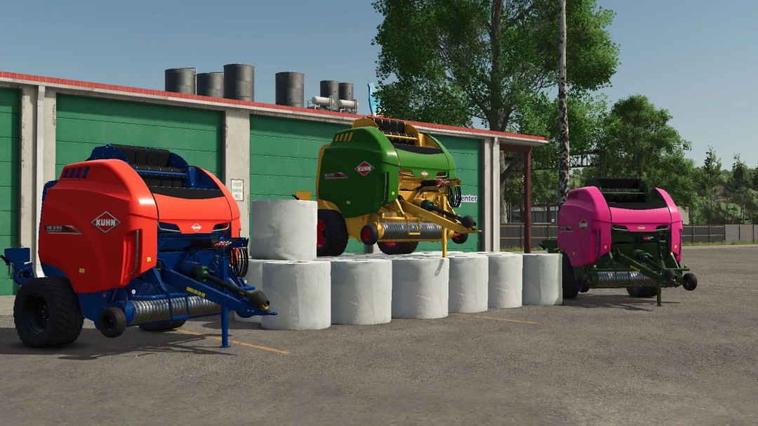 FS25 mods: Kuhn VB 3190 Toilet Paper Baler in red, green, and pink. Farming Simulator 25 equipment.