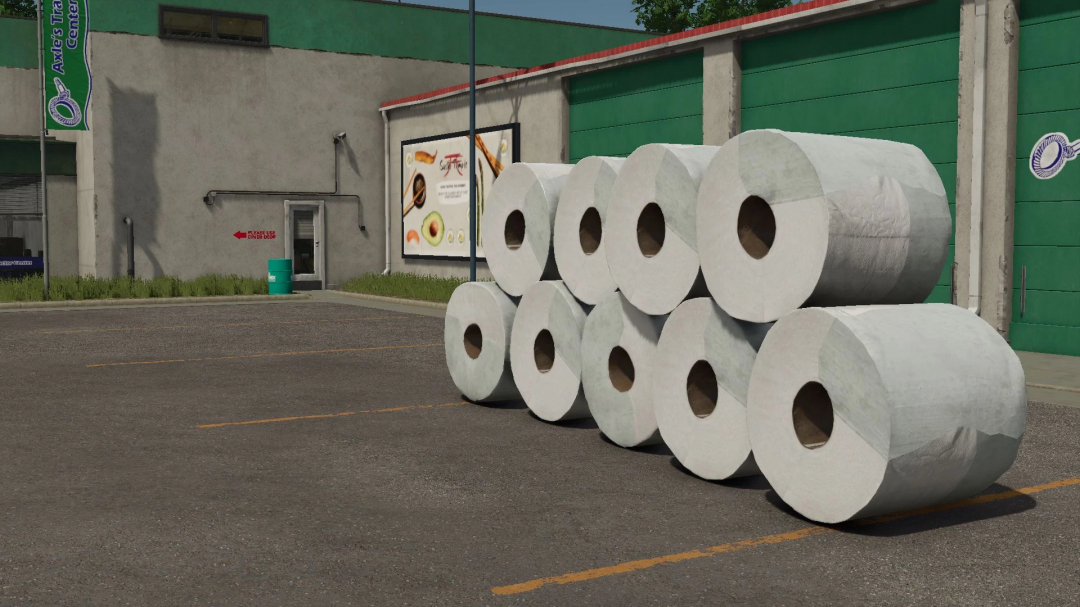 Large rolls of toilet paper in a parking lot, part of Kuhn VB 3190 Toilet Paper Baler mod for FS25.