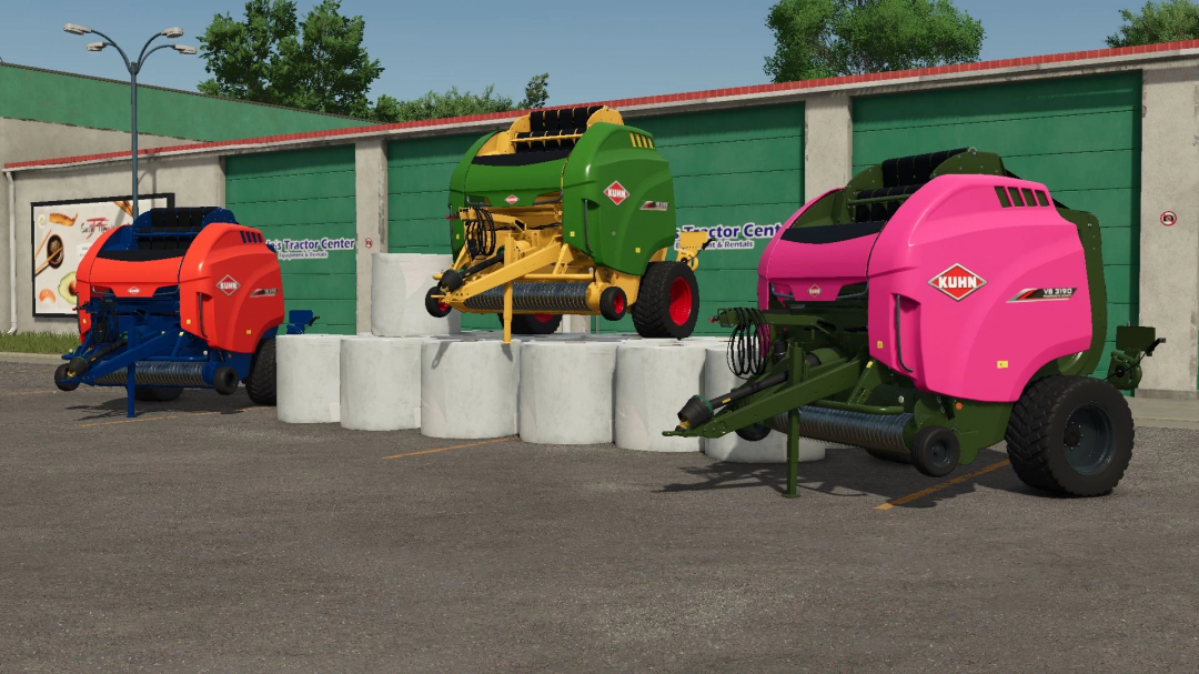 FS25 mods: Colorful Kuhn VB 3190 balers, including a unique toilet paper edition, showcased outside a tractor center.