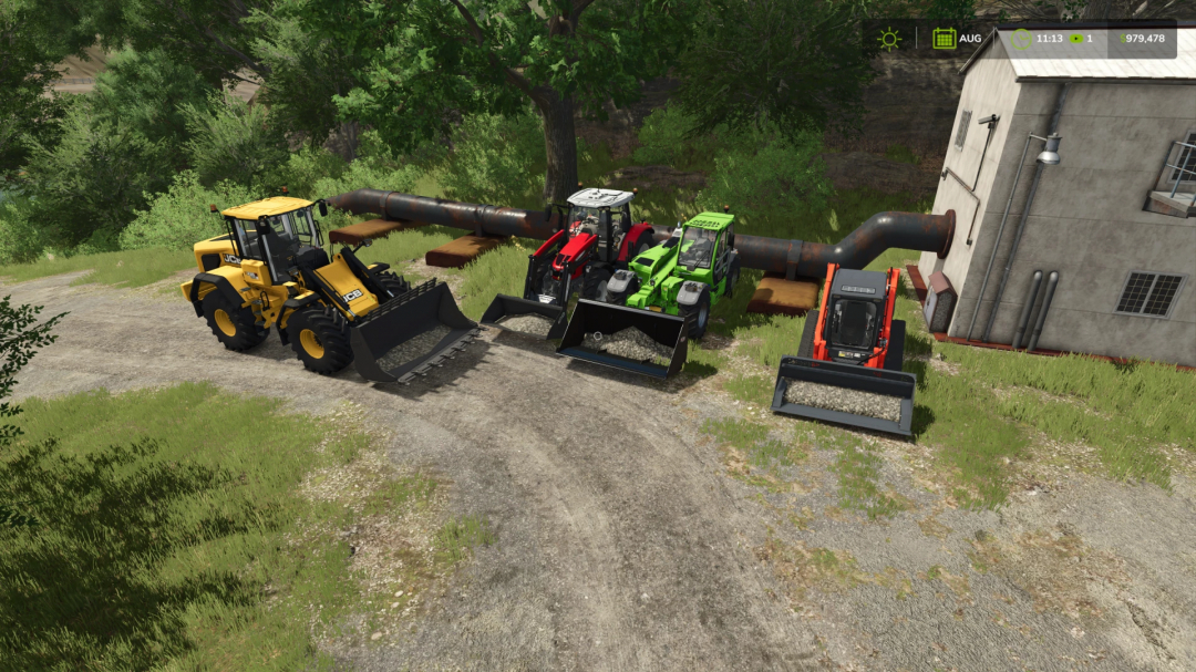 LIZARD STONE TOOL'S mod in FS25 showing four tractors with stone buckets.