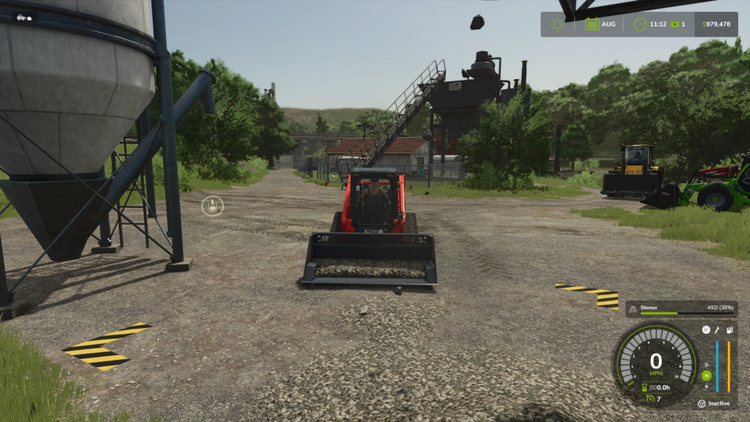 FS25 mod LIZARD STONE TOOL'S v1.0.0.0. A loader collects stones in Farming Simulator 25's farm environment.