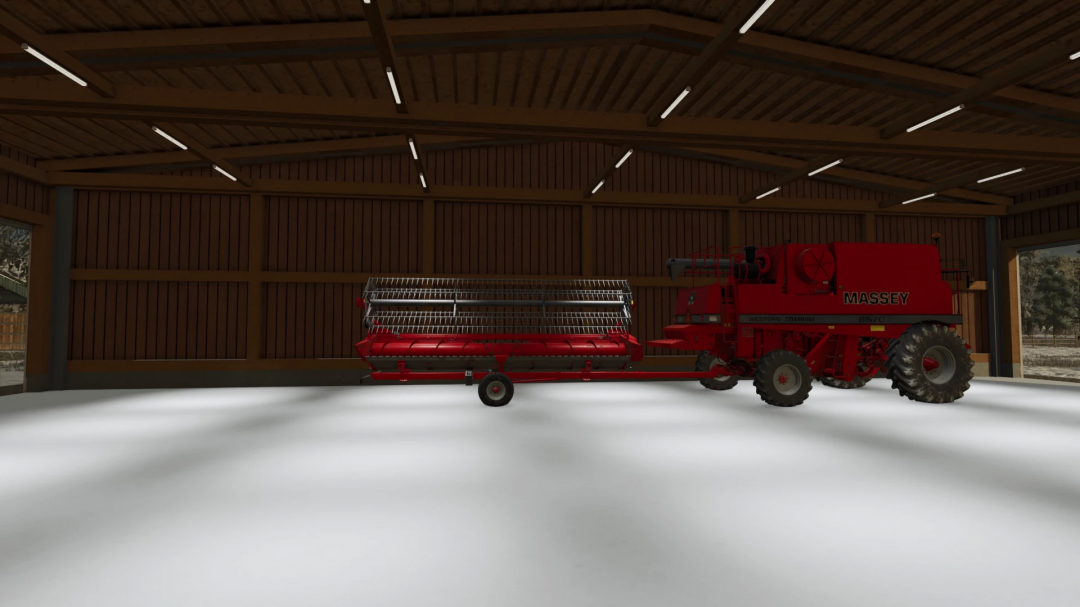 FS25 mod shows LSFM Drive Through Hall with a red combine harvester inside, showcasing Farming Simulator 25 mods.