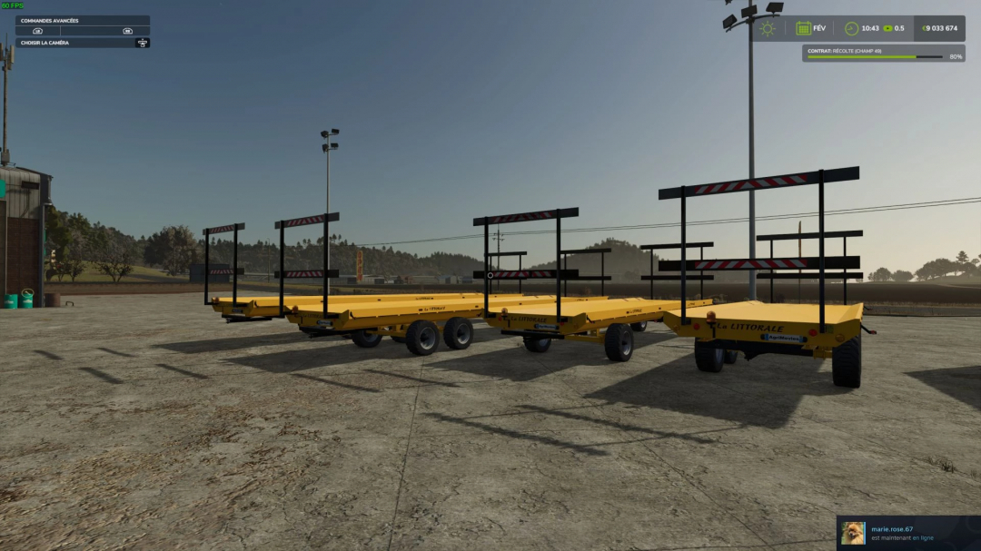 Image of yellow La Littorale tray pack trailers lined up in Farming Simulator 25 mods.