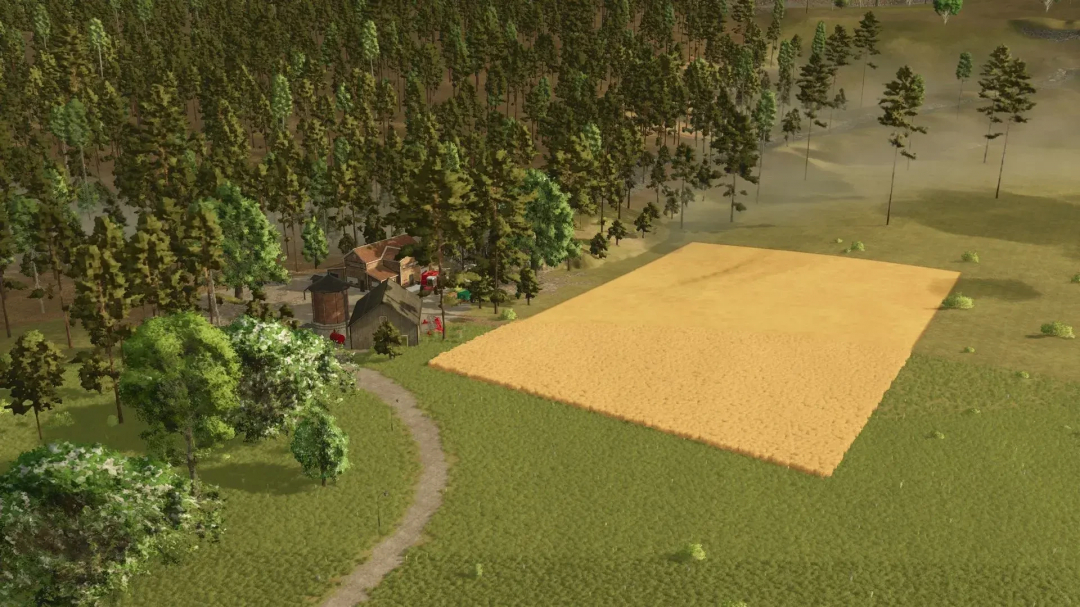 LoneHills Map v1.0.6.0 in FS25 mod showcasing a serene farm scene with a field and dense forest.