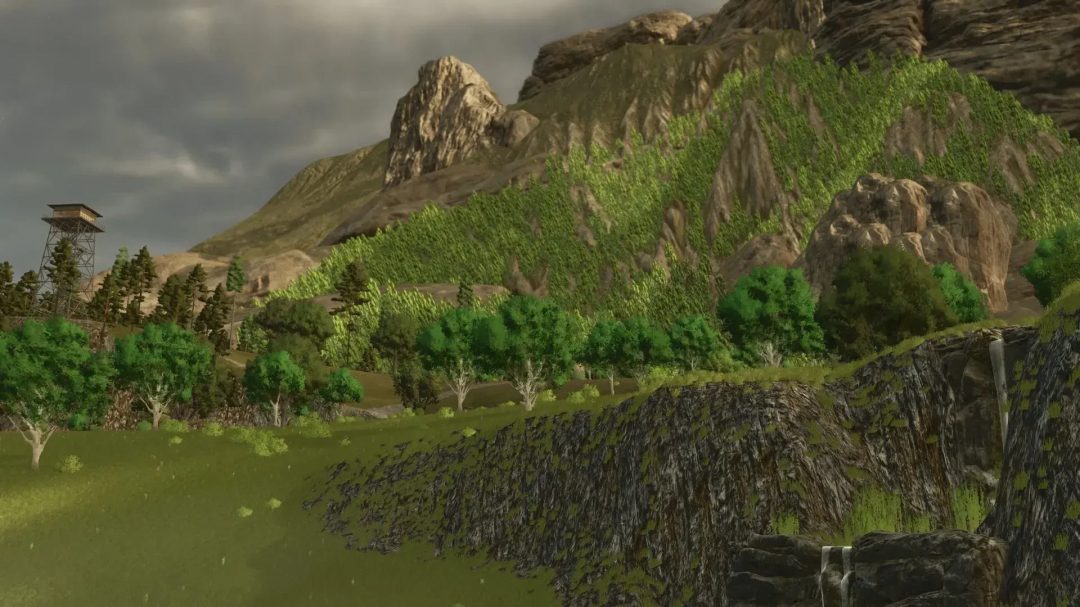 LoneHills Map in FS25 shows a scenic mountain landscape with dense forests and a watchtower.