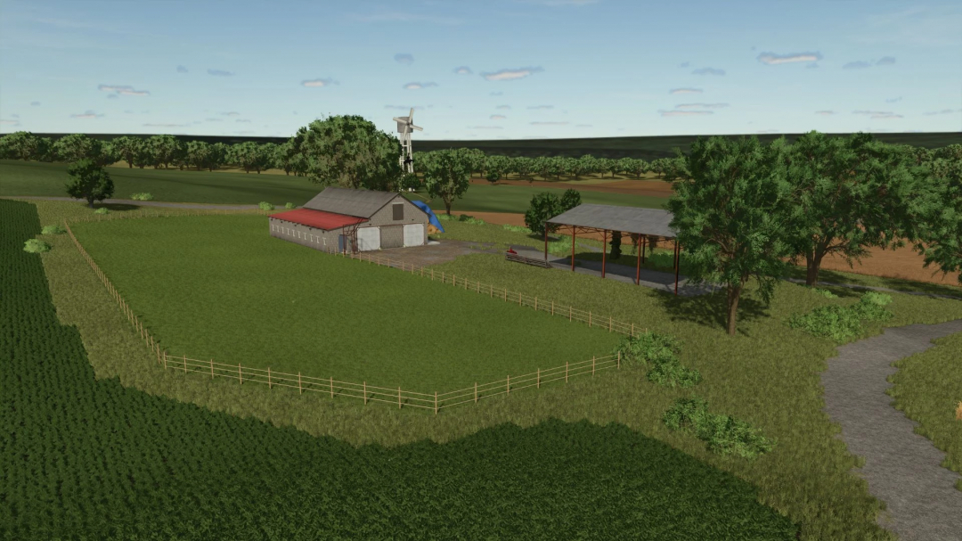 Los Corrales 2K25 mod for FS25 featuring a detailed rural farm scene with fields, barn, and trees.