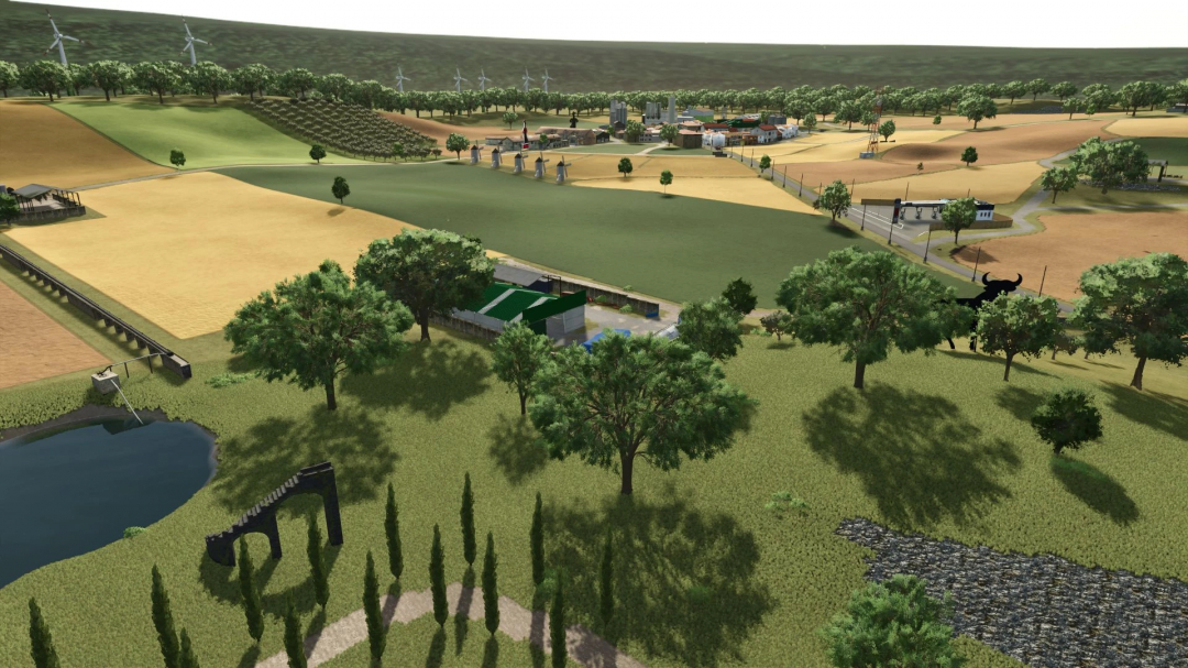 A scenic farm landscape in Farming Simulator 25 mod Los Corrales 2K25, featuring fields and wind turbines.