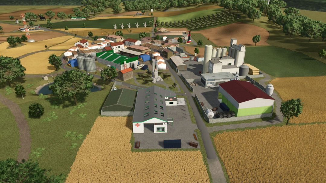 Aerial view of Los Corrales 2K25 mod in FS25, featuring farm buildings, fields, and wind turbines.