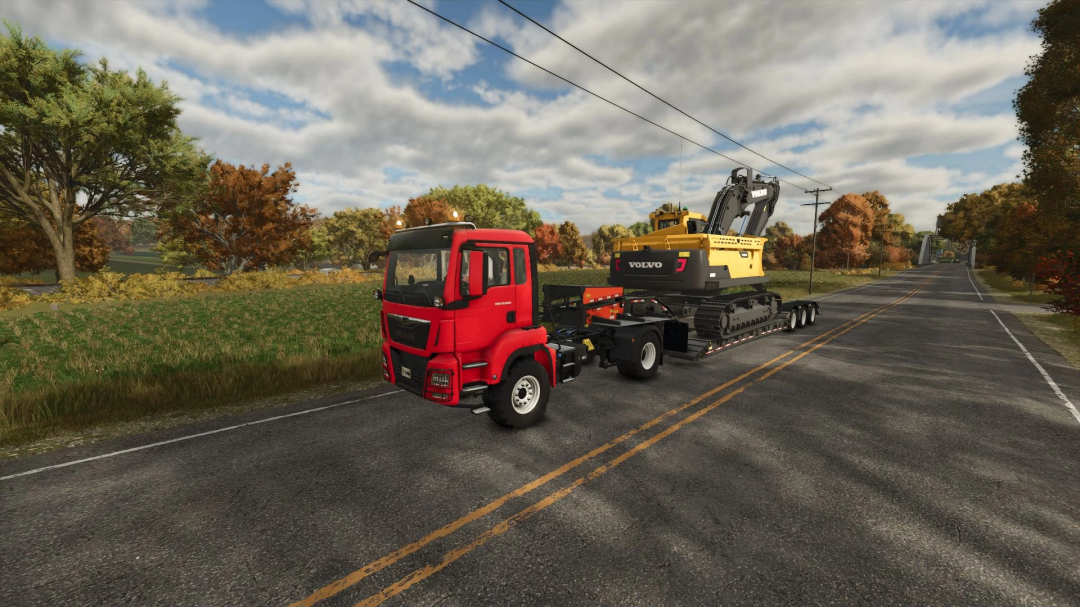 MAN TGS 18500 truck mod in Farming Simulator 25 carrying a Volvo excavator on a rural road.