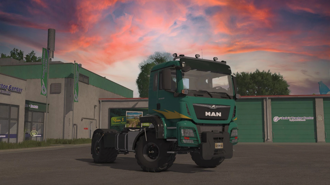 FS25 mod Man TGS AGRI v1.0.0.2 truck parked at Axle's Tractor Center under a vibrant sunset sky.