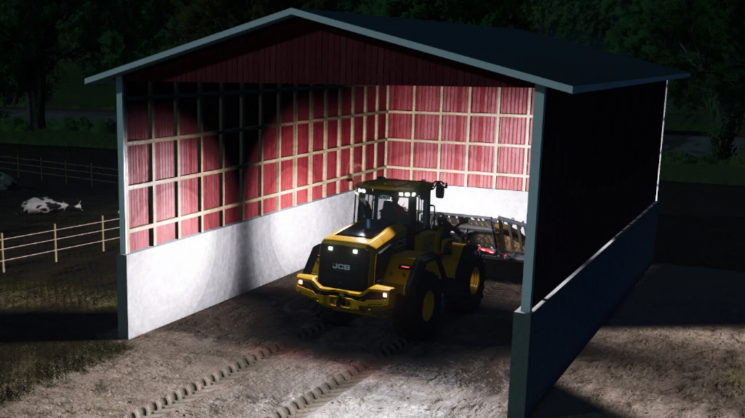 Manure Heap with Roof in FS25 mod, showcasing a tractor under a shelter at night