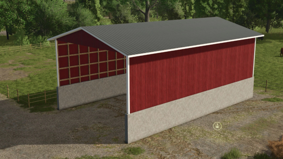 FS25 mod Manure Heap With Roof v1.0.0.0, featuring a red barn-style structure in a grassy field.