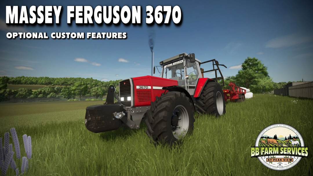 FS25 mod features red Massey Ferguson 3670 tractor with custom options in a grassy field.