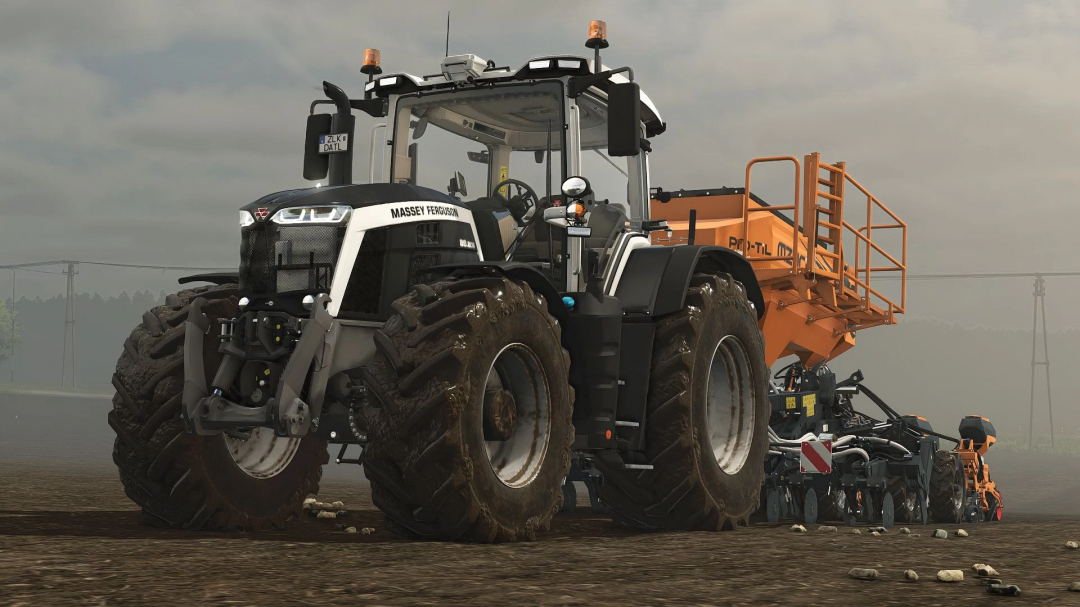 FS25 mod: Massey Ferguson 8S tractor with orange attachment on farmland.