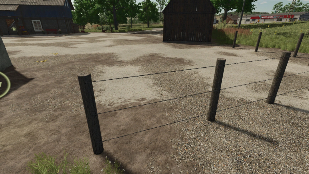 FS25 Meadow Fence mod v1.0.0.0 featuring a simple post and wire fence in a farm setting.