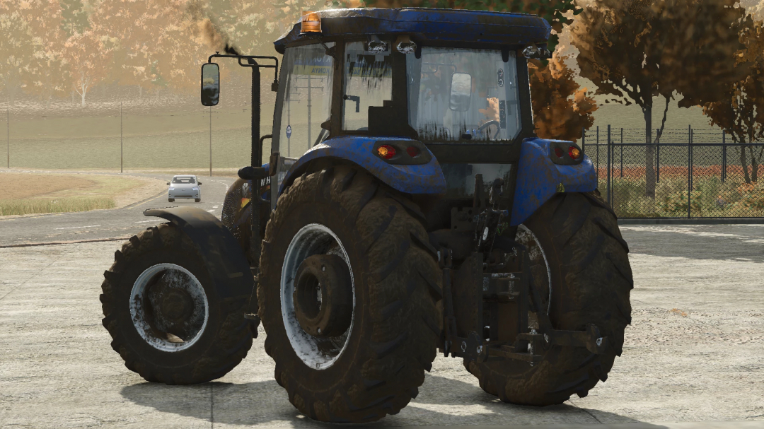 FS25 mod New Holland BlueMaster v1.0.0.0 tractor on a farm road.