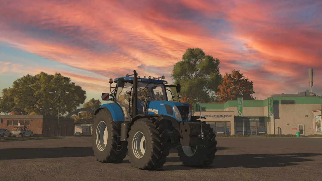 New Holland T7 Series tractor mod in FS25 against a sunset background.