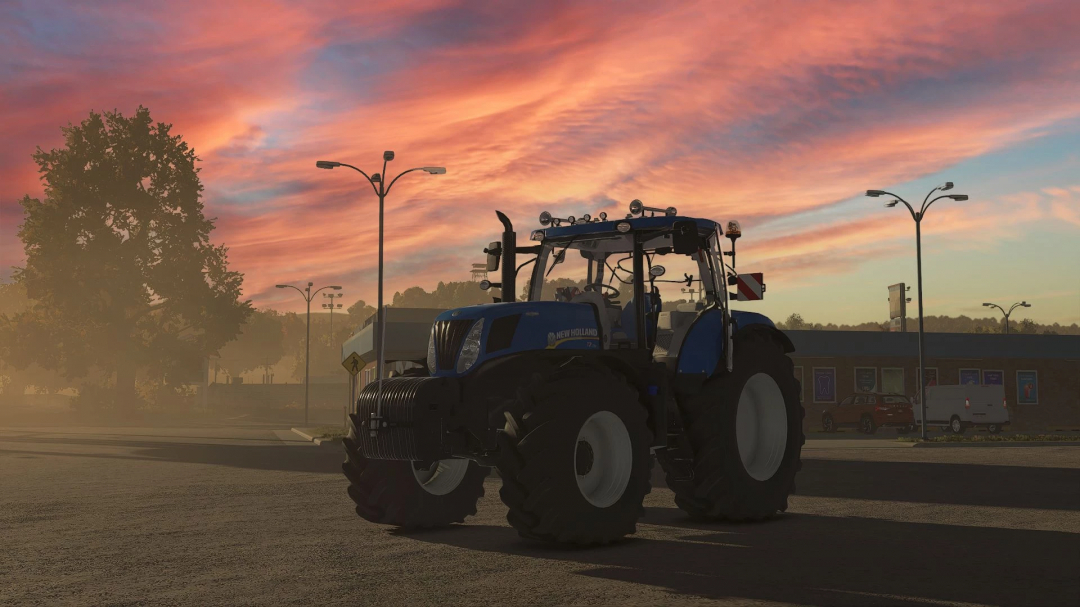 New Holland T7 tractor in FS25 mod under a vibrant sunset sky, showcasing Farming Simulator 25 features.