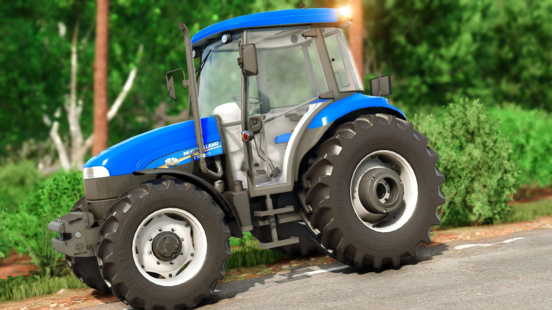 FS25 mod New Holland TD85 tractor v1.0.0.0 in Farming Simulator 25, showcasing its blue design against a lush green backdrop.