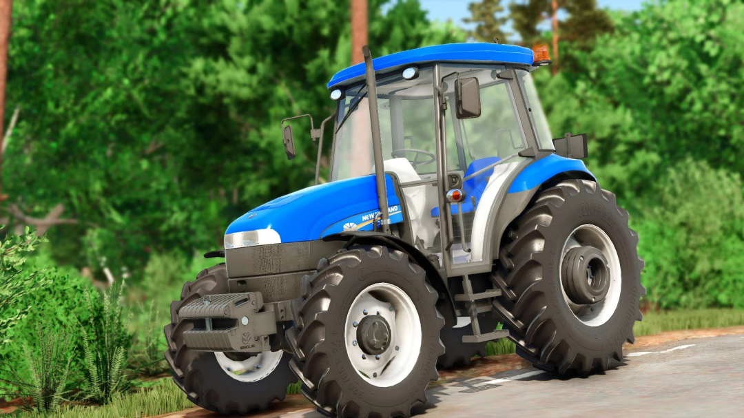 New Holland TD85 tractor mod in FS25, showcasing detailed design in a lush green environment.