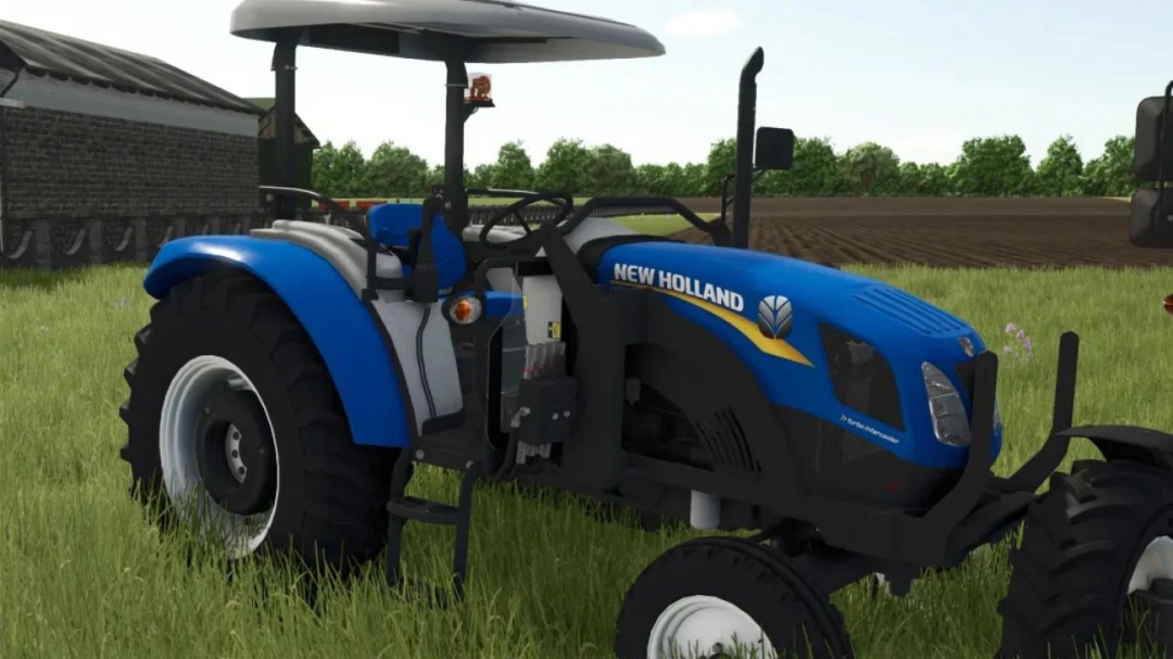 New Holland TT4 Series tractor mod in FS25, set on grass next to a barn.