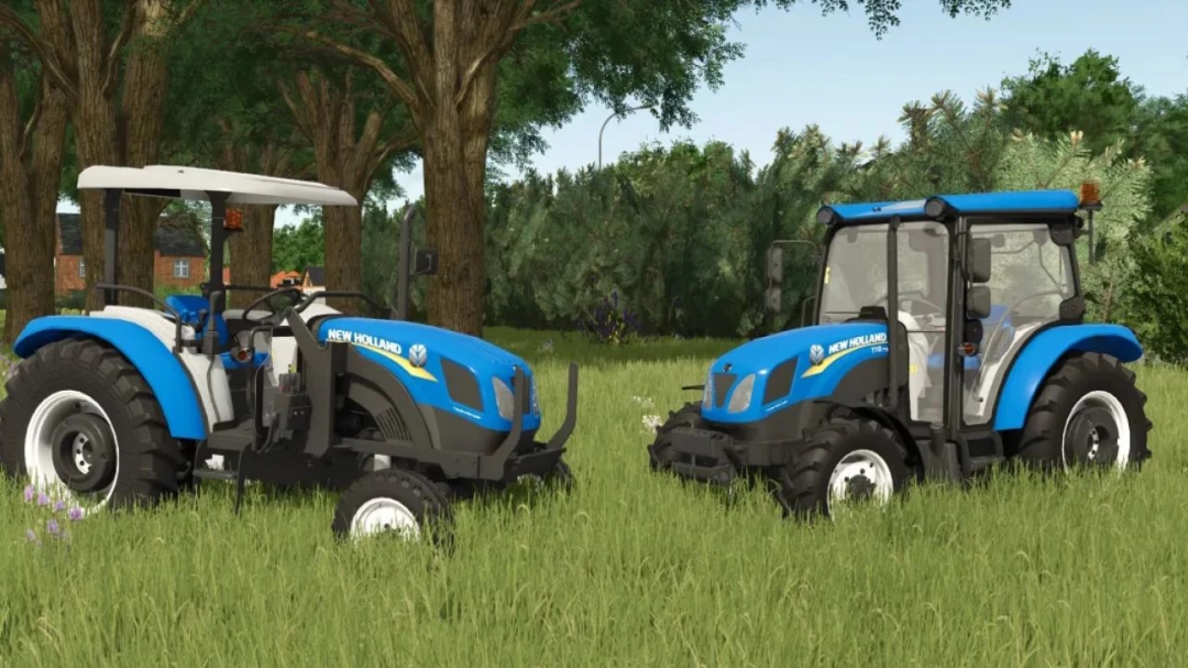 New Holland TT4 Series tractors in FS25 mod, featuring detailed design in a grassy field.