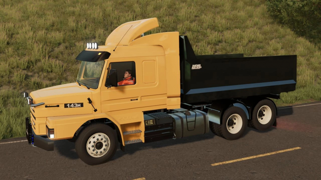 Old Generation Scania truck mod 143H in FS22 driving on a road.