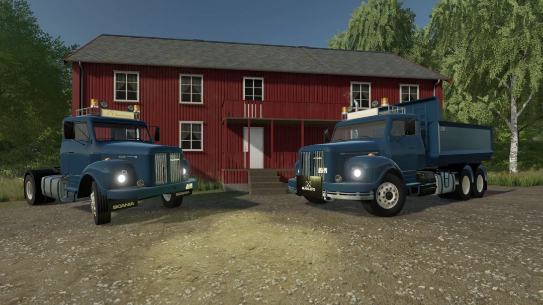 Two vintage Scania trucks outside a red farmhouse in FS22 Old Generation Scania Pack mod.