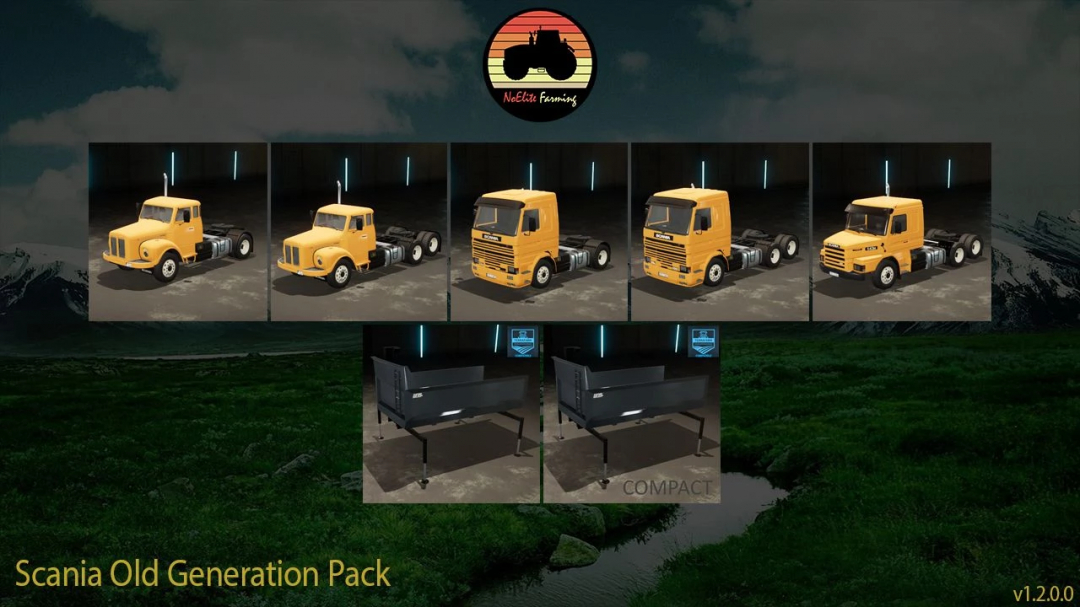 Image of Old Generation Scania Pack v1.2.0.0 for FS22 mods, showing various truck models and trailers.