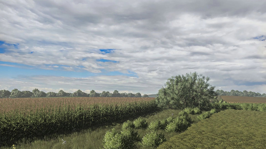 Scenic view of Osina Wielka map in FS25 mod, showcasing vast fields and lush greenery under a cloudy sky.