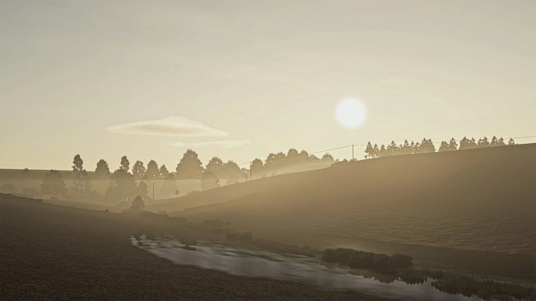 Sunrise over misty farmland in OS25 mod Osina Wielka v1.0.0.0. Features rolling hills and a serene landscape.