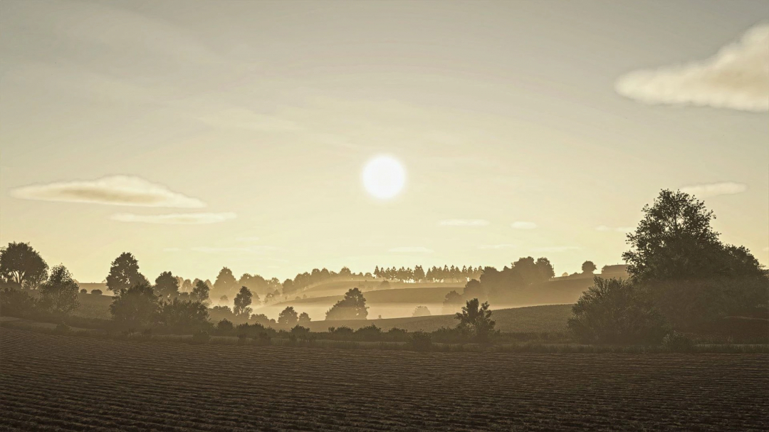 Sunrise over Osina Wielka farm landscape in Farming Simulator 25 mod.