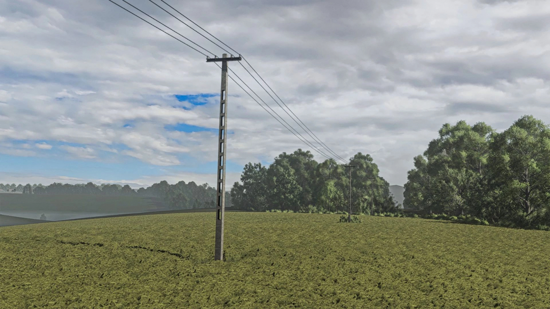 Landscape in Osina Wielka mod for FS25, featuring a power line traversing green fields and trees under a cloudy sky.