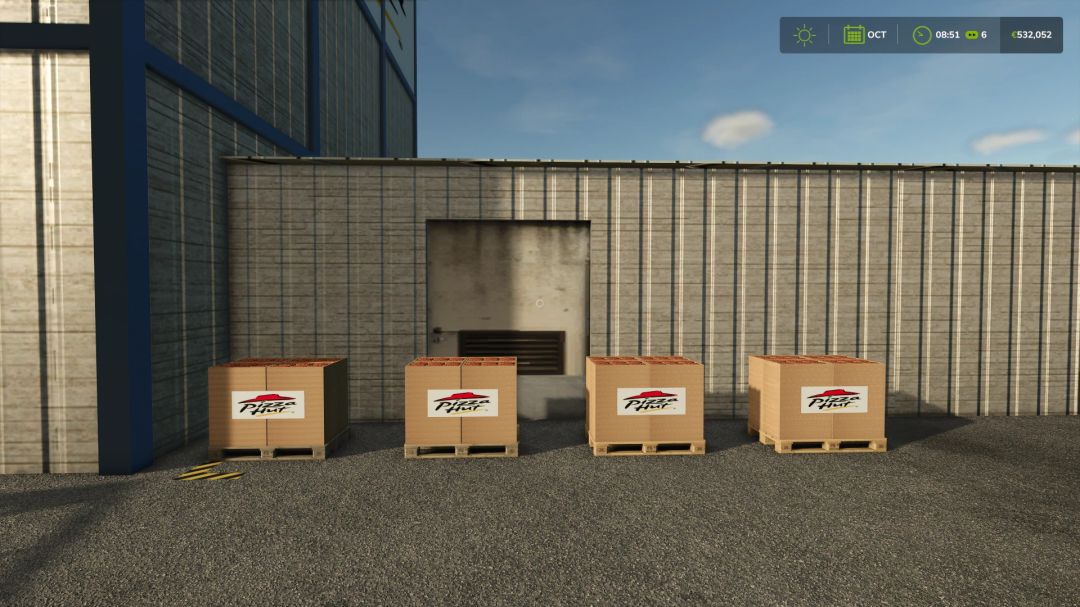 FS25 mods PIZZA PRODUCTION showing pallets of packaged pizzas outside a warehouse in Farming Simulator 25.