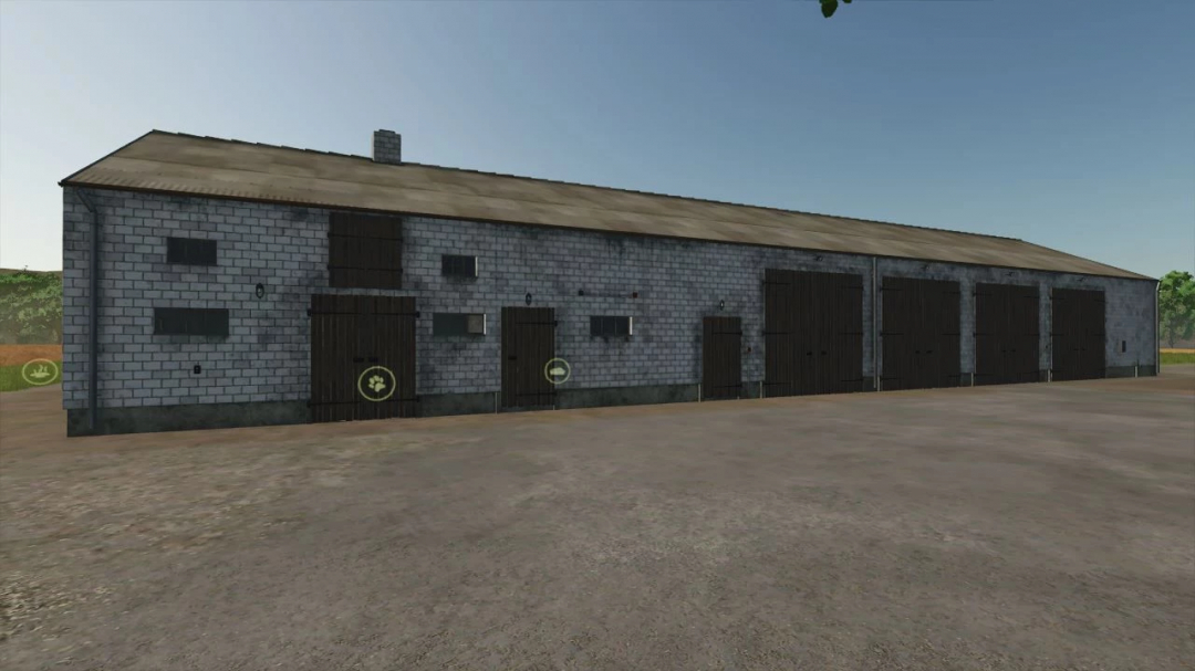 Old brick enclosure building from FS25 mod Pack of 3 Old Enclosures, featuring wooden doors and realistic textures.