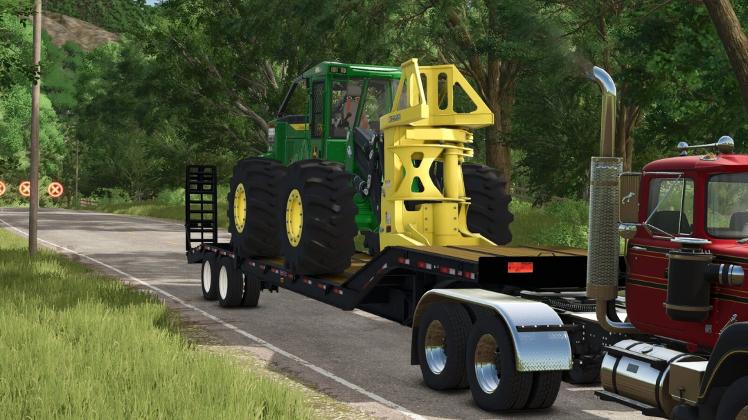 Pitts LB35-CS Lowboy transporting heavy equipment in FS25 mod, Farming Simulator 25 scene.